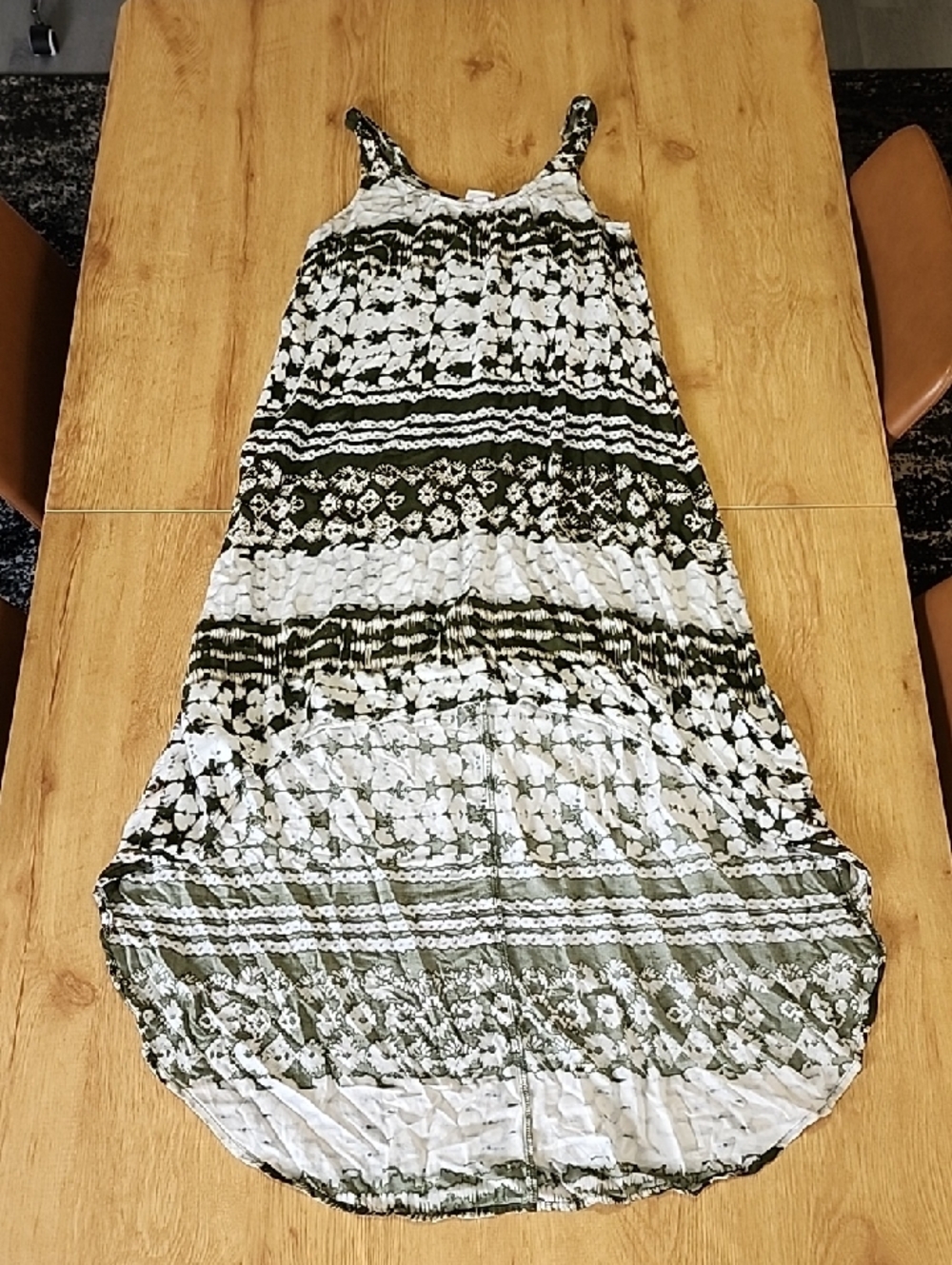 Merona Olive Green and White Printed High-Low Dress